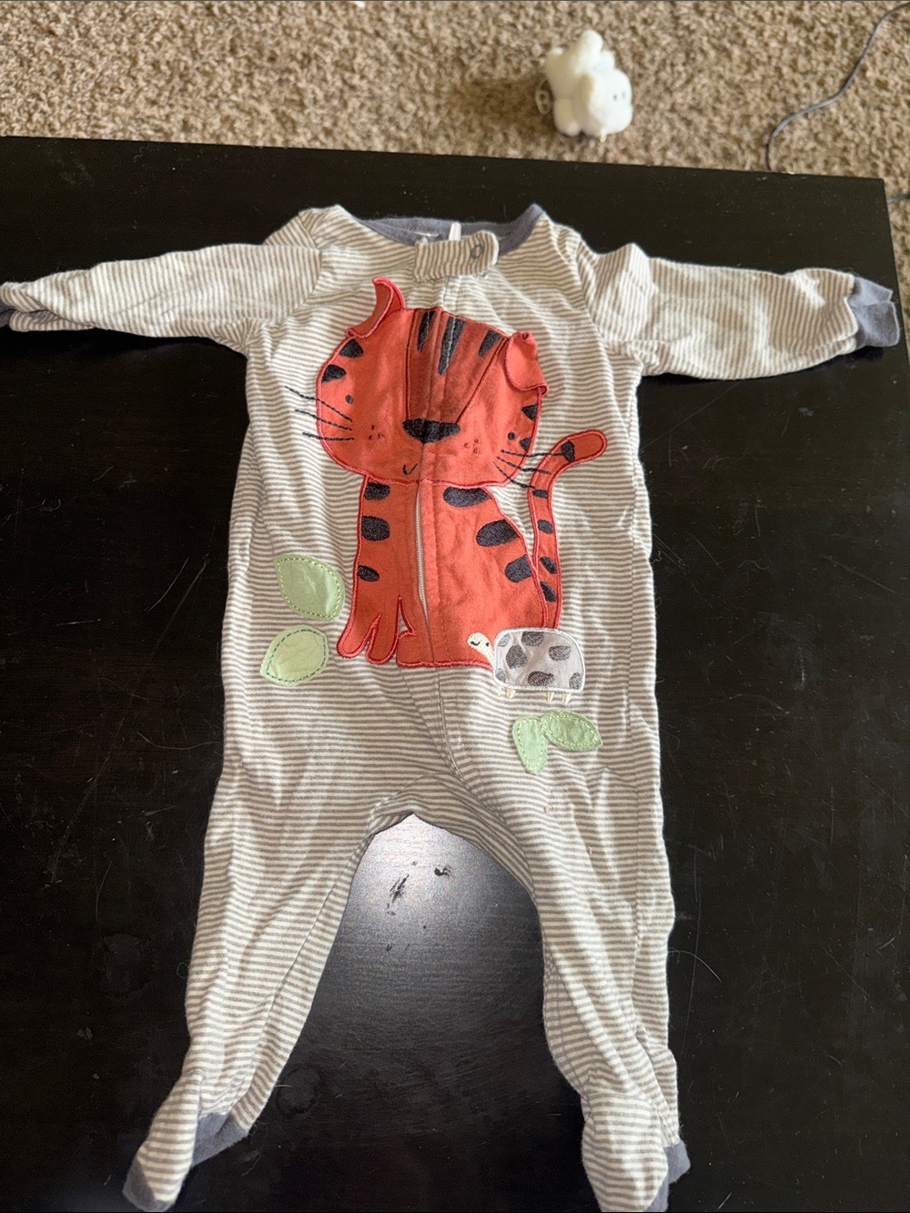Gerber Cream and Gray Striped Footed One-Piece with Orange Tiger Applique